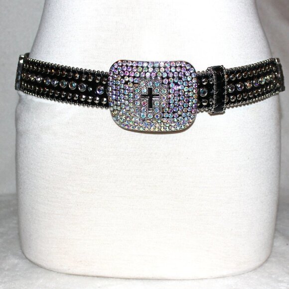 Western Black Bling Cross Belt & Buckle Aurora Borealis AB Crystal Accent ML main image 12